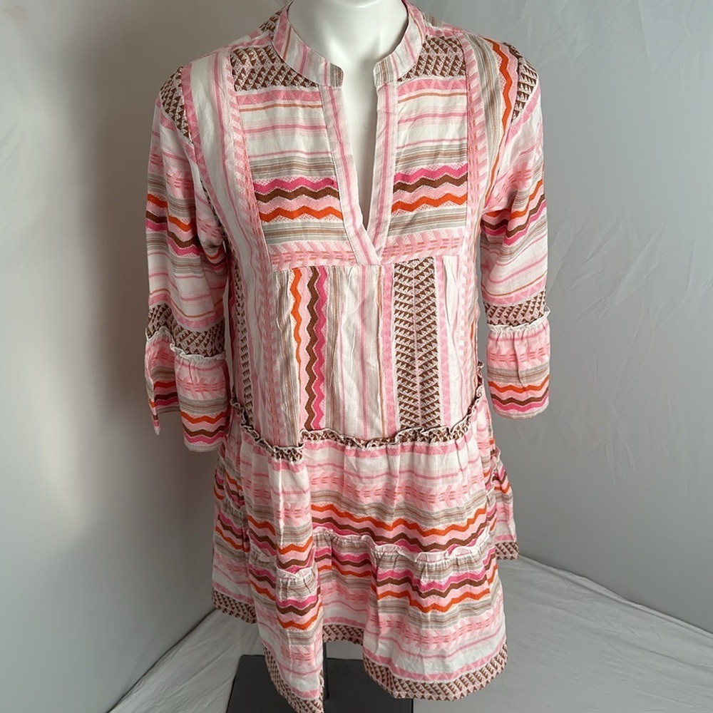 THML multicolor boho bell sleeve split v-neck dress